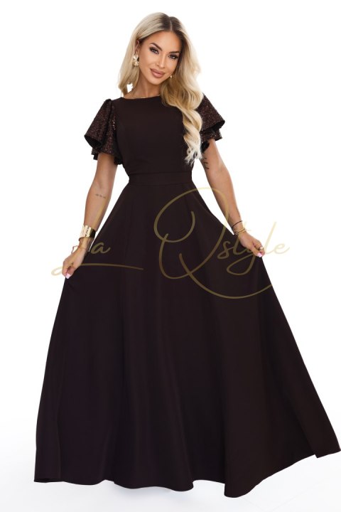 Elegancka rozkloszowana sukienka maxi z cekinowymi rękawami CZEKOLADOWY BRĄZ