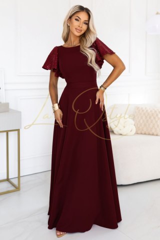 MIRELLA Elegancka rozkloszowana sukienka maxi z cekinowymi rękawami BORDOWA