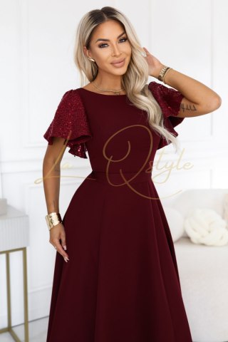 MIRELLA Elegancka rozkloszowana sukienka maxi z cekinowymi rękawami BORDOWA