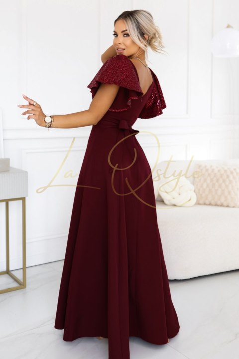 Elegancka rozkloszowana sukienka maxi z cekinowymi rękawami BORDOWA