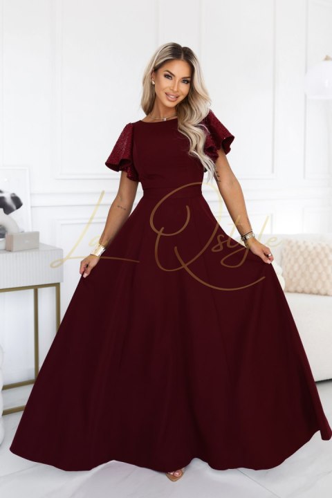 Elegancka rozkloszowana sukienka maxi z cekinowymi rękawami BORDOWA
