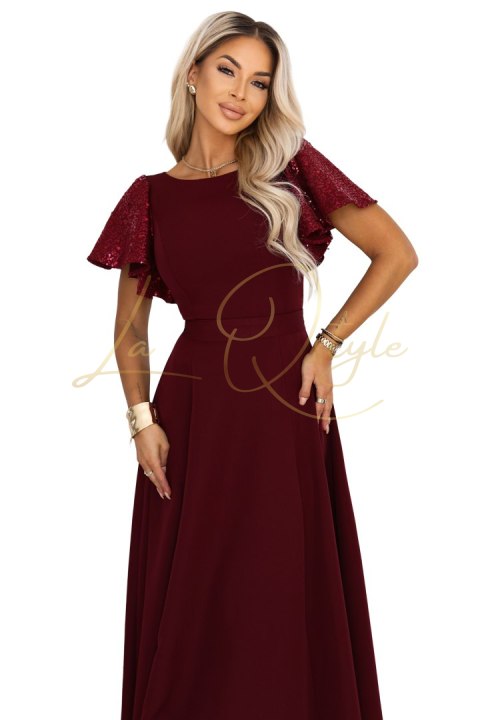 Elegancka rozkloszowana sukienka maxi z cekinowymi rękawami BORDOWA