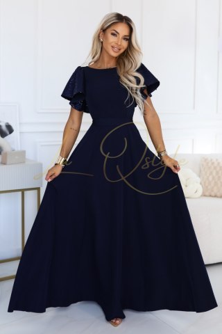 MIRELLA Elegancka rozkloszowana sukienka maxi z cekinowymi rękawkami GRANATOWA