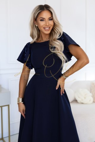 MIRELLA Elegancka rozkloszowana sukienka maxi z cekinowymi rękawkami GRANATOWA