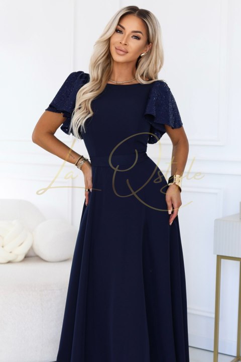 Elegancka rozkloszowana sukienka maxi z cekinowymi rękawkami GRANATOWA