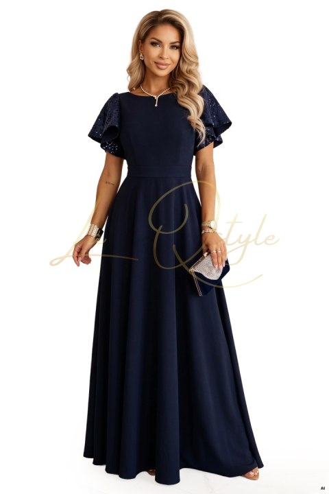 Elegancka rozkloszowana sukienka maxi z cekinowymi rękawkami GRANATOWA