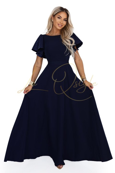 Elegancka rozkloszowana sukienka maxi z cekinowymi rękawkami GRANATOWA