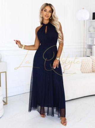 Elegancka sukienka wieczorowa maxi halter z tiulem i wiązaniem w talii GRANATOWA