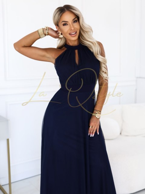 Elegancka sukienka wieczorowa maxi halter z tiulem i wiązaniem w talii GRANATOWA