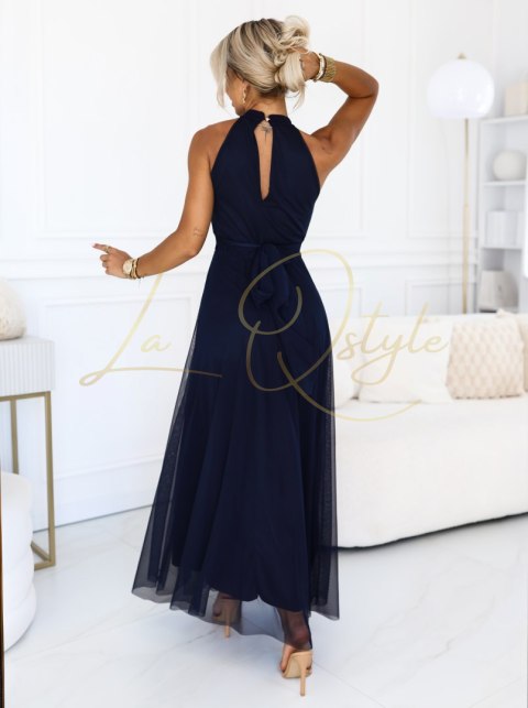 Elegancka sukienka wieczorowa maxi halter z tiulem i wiązaniem w talii GRANATOWA