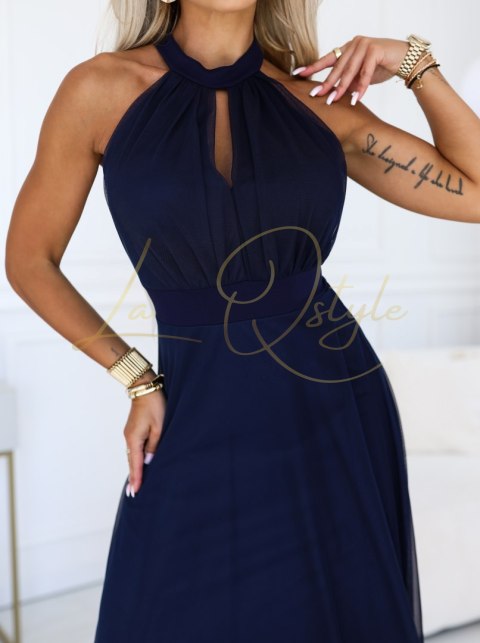Elegancka sukienka wieczorowa maxi halter z tiulem i wiązaniem w talii GRANATOWA