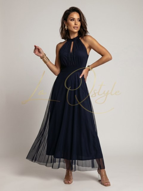 Elegancka sukienka wieczorowa maxi halter z tiulem i wiązaniem w talii GRANATOWA