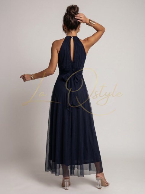Elegancka sukienka wieczorowa maxi halter z tiulem i wiązaniem w talii GRANATOWA