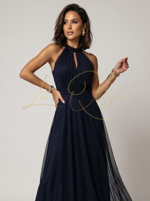 Elegancka sukienka wieczorowa maxi halter z tiulem i wiązaniem w talii GRANATOWA
