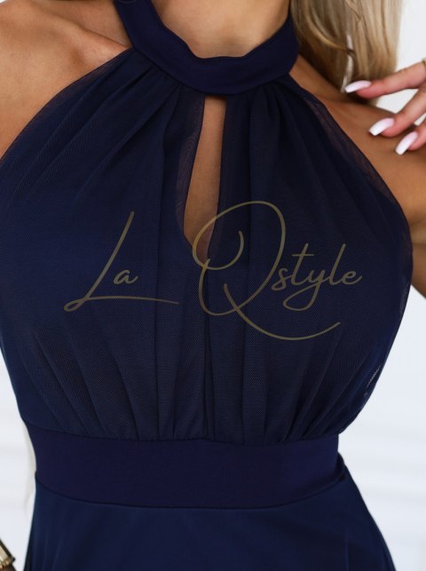 Elegancka sukienka wieczorowa maxi halter z tiulem i wiązaniem w talii GRANATOWA