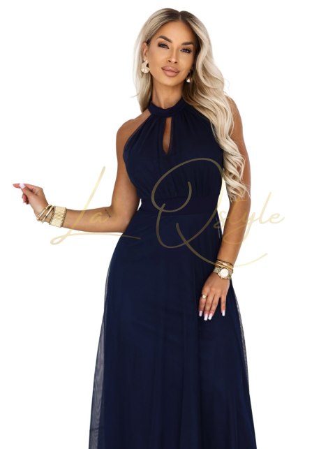 Elegancka sukienka wieczorowa maxi halter z tiulem i wiązaniem w talii GRANATOWA