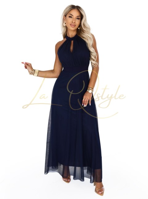 Elegancka sukienka wieczorowa maxi halter z tiulem i wiązaniem w talii GRANATOWA