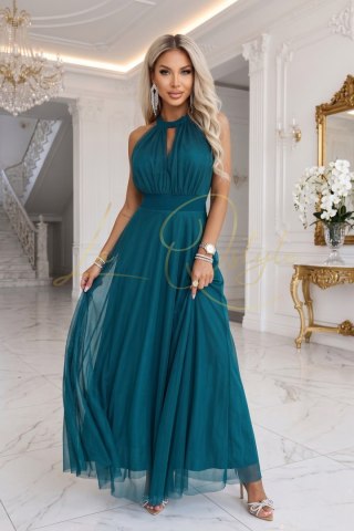 Elegancka sukienka wieczorowa maxi halter z tiulem i wiązaniem w talii ZIELONA