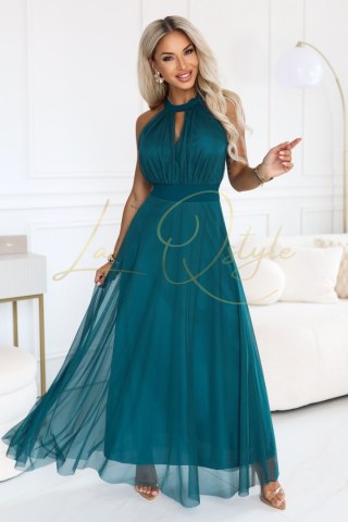 Elegancka sukienka wieczorowa maxi halter z tiulem i wiązaniem w talii ZIELONA