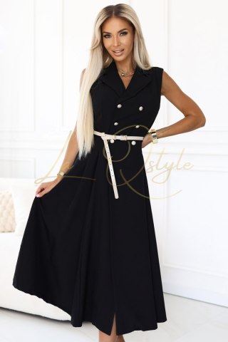 596-3 Elegancka szmizjerka midi ze złotymi guzikami i paskiem - CZARNA