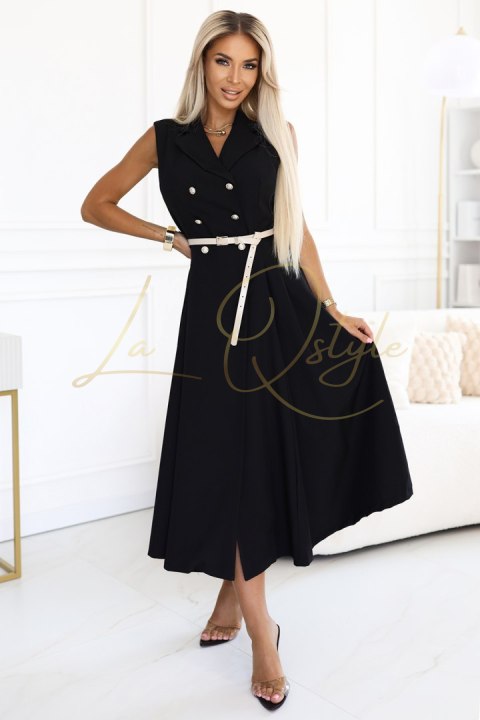Elegancka szmizjerka midi ze złotymi guzikami i paskiem CZARNA