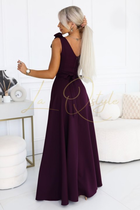 Elegancka wieczorowa suknia maxi z rozcięciem i różami DOJRZAŁA ŚLIWKA