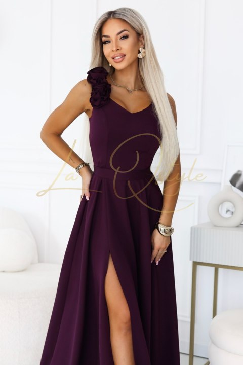 Elegancka wieczorowa suknia maxi z rozcięciem i różami DOJRZAŁA ŚLIWKA