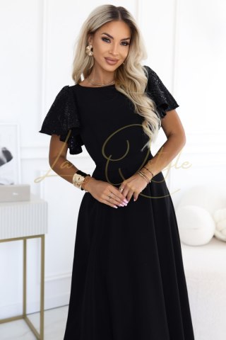 MIRELLA Elegancka rozkloszowana sukienka maxi z cekinowymi rękawkami CZARNA