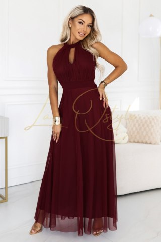 662-5 Elegancka sukienka wieczorowa maxi halter z tiulem i wiązaniem w talii - bordowa