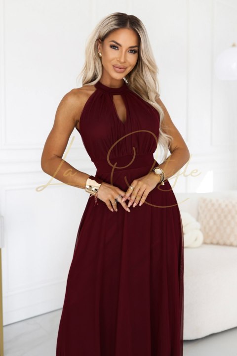 Elegancka sukienka wieczorowa maxi halter z tiulem i wiązaniem w talii BORDOWA
