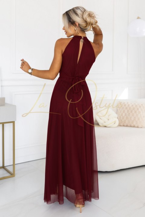 Elegancka sukienka wieczorowa maxi halter z tiulem i wiązaniem w talii BORDOWA