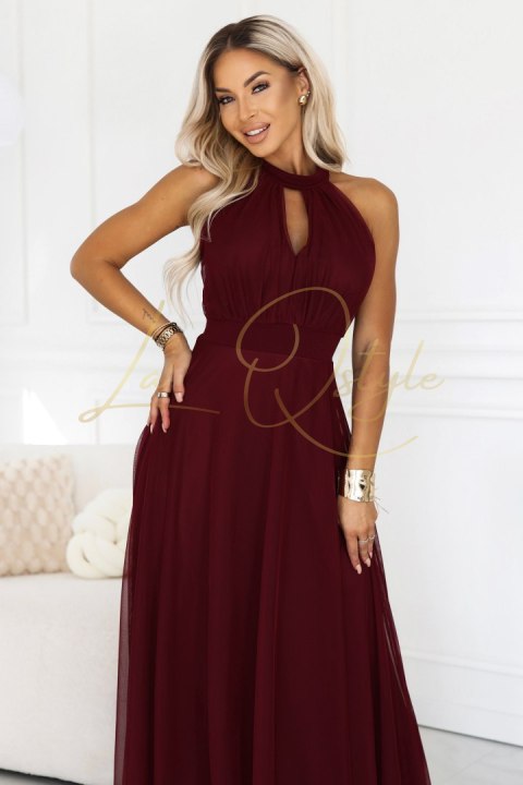 Elegancka sukienka wieczorowa maxi halter z tiulem i wiązaniem w talii BORDOWA