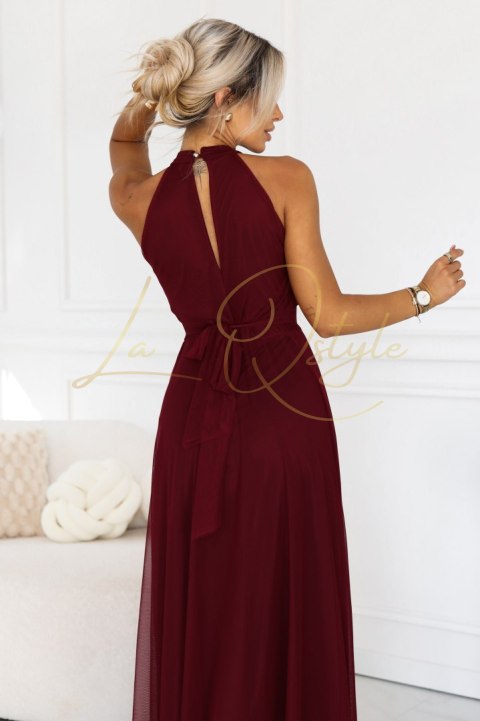 Elegancka sukienka wieczorowa maxi halter z tiulem i wiązaniem w talii BORDOWA