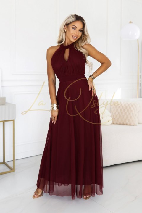 Elegancka sukienka wieczorowa maxi halter z tiulem i wiązaniem w talii BORDOWA