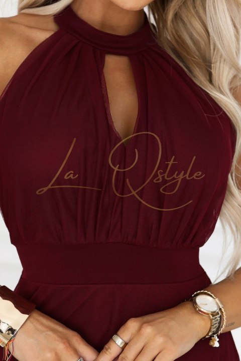 Elegancka sukienka wieczorowa maxi halter z tiulem i wiązaniem w talii BORDOWA