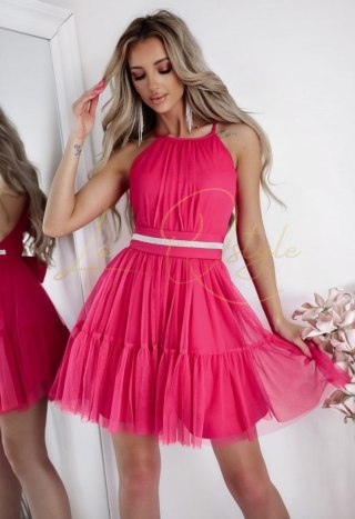 CRISTAL tiulowa krótka sukienka z paskiem KORAL