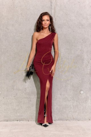 Esmeralda brokatowa dopasowana maxi sukienka na jedno ramię BORDOWA