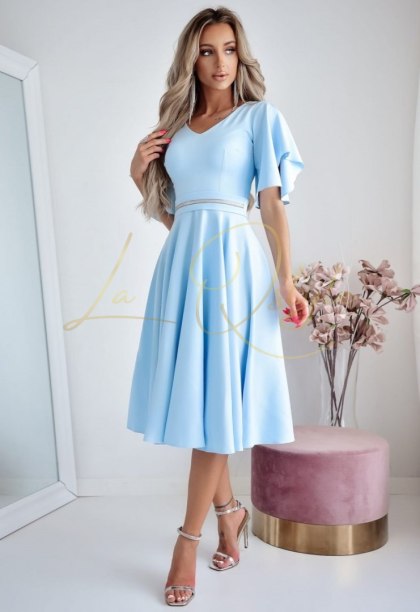 LUNA elegancka klasyczna sukienka midi z falbanami na rękawach BŁĘKITNA