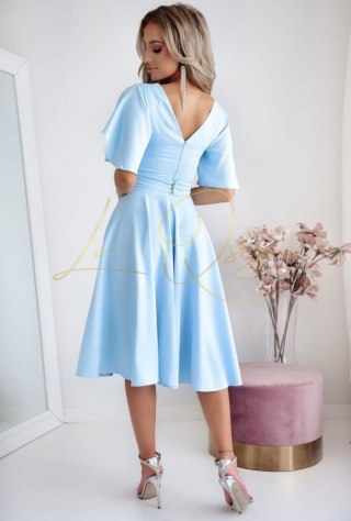 LUNA elegancka klasyczna sukienka midi z falbanami na rękawach BŁĘKITNA