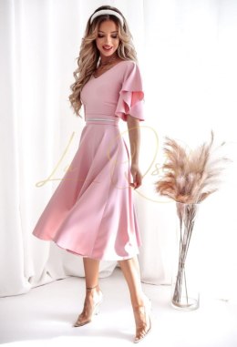 Elegancka klasyczna sukienka midi z falbanami na rękawach BRUDNY RÓŻ