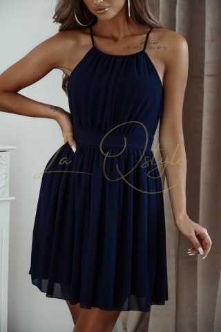 CRISTAL szyfonowa krótka sukienka z wiązaniem na szyi GRANATOWA