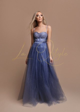 EUNICE tiulowa sukienka gorsetowa z brokatem ZIMNY NIEBIESKI