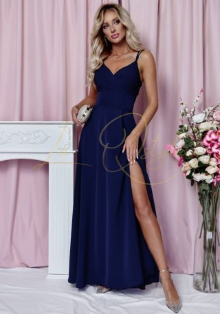 TIFANI Długa gładka sukienka z rozcięciem GRANATOWA