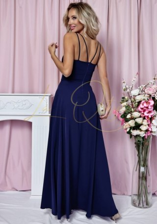 TIFANI Długa gładka sukienka z rozcięciem GRANATOWA