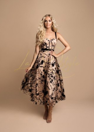 ELOISA tiulowa sukienka midi z gorsetem MORELOWA W KWIATY