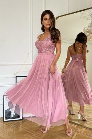 JULIA tiulowa sukienka midi z koronką BRUDNY RÓŻ