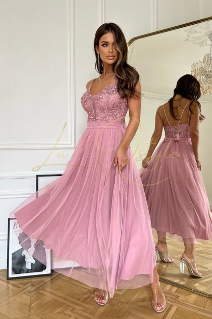 JULIA tiulowa sukienka midi z koronką BRUDNY RÓŻ