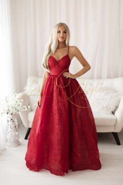 JULINE błyszcząca balowa sukienka tiulowa z gorsetem księżniczka CZERWONA