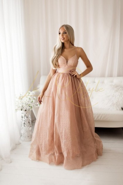 JULINE błyszcząca balowa sukienka tiulowa z gorsetem księżniczka PUDROWY RÓŻ