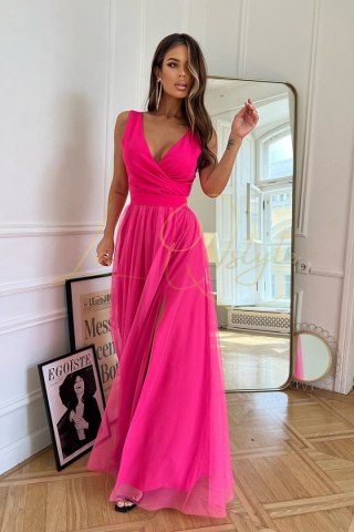 RENE długa tiulowa sukienka z rozcięciem NEONOWY RÓŻ